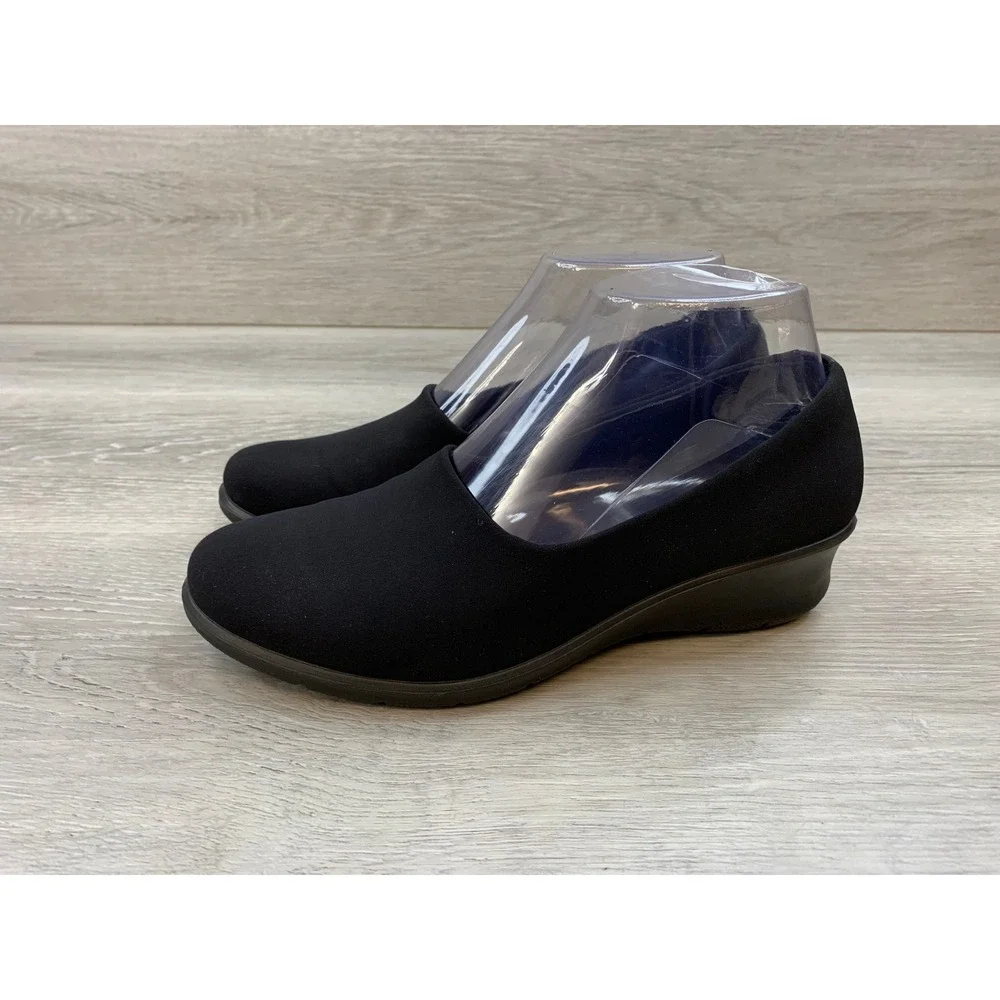 Ecco‎ Women's Black Fabric Wedge Pumps Real Leather 5.5 Insole Slip On Shoes